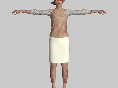Injured Zombie Character With Bloody Wounds In Light Top And White Skirt 3d model