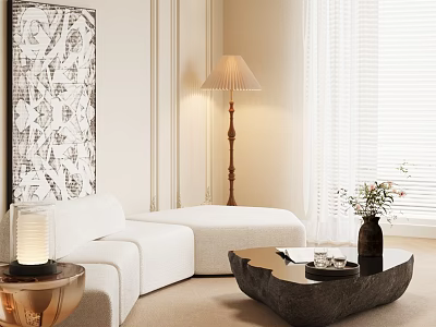 Modern White Sofa and Black Coffee Table Set with Floor Lamp Decorative Painting and Plants 3d model