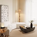 Modern White Sofa and Black Coffee Table Set with Floor Lamp Decorative Painting and Plants