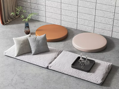 Modern Indoor Floor Seating With Gray Cushions Pillows Round Tables And Green Plant 3d model