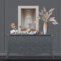 Entryway Gray Carved Console Table with Mirror Vase Dried Plants and Decorations against Gray Wall