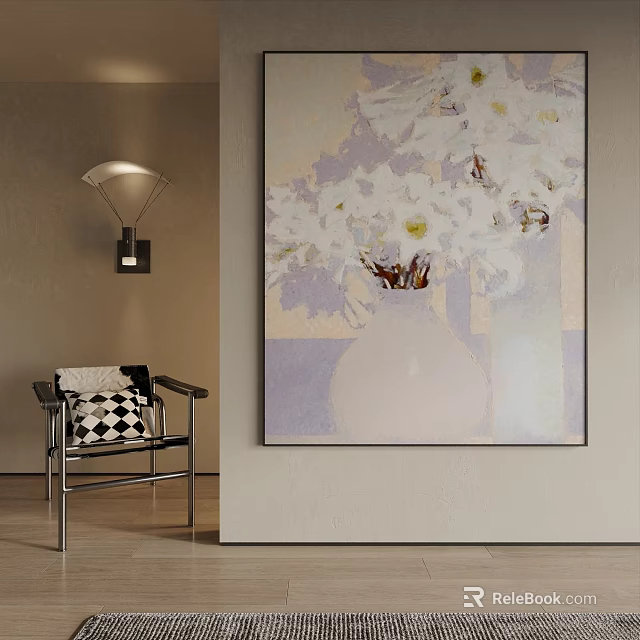 Elegant Landscape Painting Featuring White Flowers In Vase With Purple Background And Interior Decor 3d model 