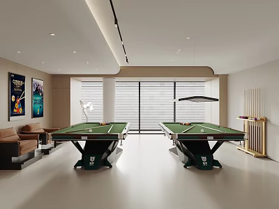 Spacious Entertainment Room Featuring Two Green Felt Billiard Tables Brown Sofa Posters And Window Blinds 3d model