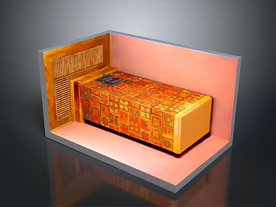 Decorative Indoor Setting Featuring Orange Gold Patterned Chest With Pink Walls And Golden Grille Structure 3d model