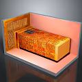 Decorative Indoor Setting Featuring Orange Gold Patterned Chest With Pink Walls And Golden Grille Structure