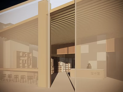 Modern Specialty Store Interior With Open Space Wooden Ceiling And Display Shelves 3d model