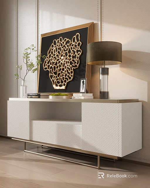 White Console Table With Gold Accents Lamp Decorative Painting Books Green Plant Vase 3d model 