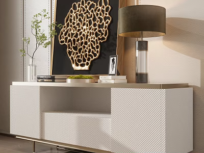 White Console Table With Gold Accents Lamp Decorative Painting Books Green Plant Vase 3d model