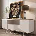 White Console Table With Gold Accents Lamp Decorative Painting Books Green Plant Vase