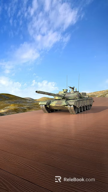 Modern Camouflage Tank With Long Barrel On Brown Ground Under Blue Sky And Hills 3d model 
