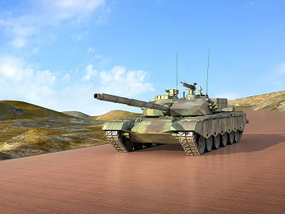 Modern Camouflage Tank With Long Barrel On Brown Ground Under Blue Sky And Hills 3d model