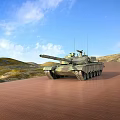Modern Camouflage Tank With Long Barrel On Brown Ground Under Blue Sky And Hills