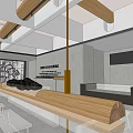 Modern Cafe Interior Design With Wooden Beams Skylight And Minimalist Ceiling Structure