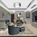 Elegant Modern Living and Dining Room Interior With Sofa Coffee Table TV Chandelier Dining Chairs