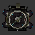 Futuristic Armored Character Standing On Circular Platform With Green Blue Purple Accents