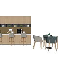 Modern Kitchen Dining Space With Light Wood Cabinets Bar Stools And Round Table 3d model