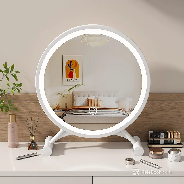 Illuminated Vanity Mirror With Perfume Bottles And Makeup Products On Dressing Table 3d model 