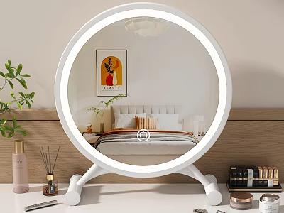Illuminated Vanity Mirror With Perfume Bottles And Makeup Products On Dressing Table 3d model