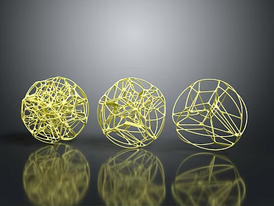 Three Yellow Wireframe Organ And Hair Structure Models On Gray Background With Reflections 3d model