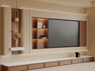 Modern TV Wall Design With Built in Wooden Shelves LED Strip Lighting And Marble Countertop 3d model