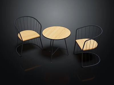 Modern Round Wooden Table With Black Metal Frame Chairs And Wooden Seats Set 3d model