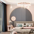Pink And Gray Kids Room With Circular Decor Bed Stuffed Toys Bookshelf And Chandelier