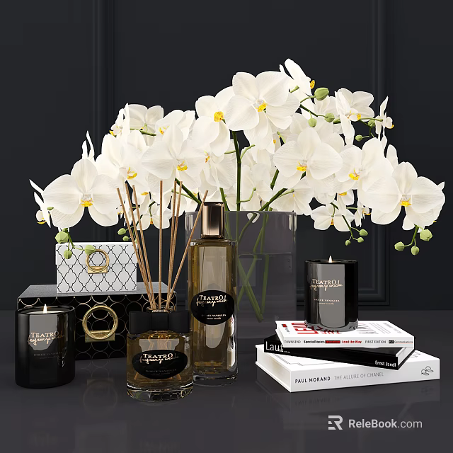 White Orchids in Glass Vase with Scented Candles Books and Decorative Items 3d model 