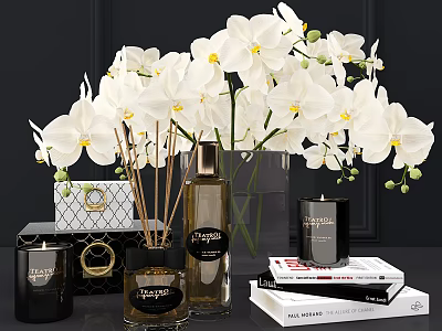 White Orchids in Glass Vase with Scented Candles Books and Decorative Items 3d model