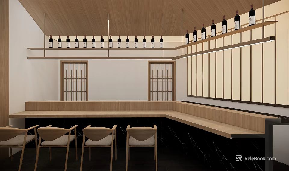 Japanese Restaurant Interior With Wooden Ceiling Hanging Wine Bottles Japanese Partitions And Bar Counter 3d model 