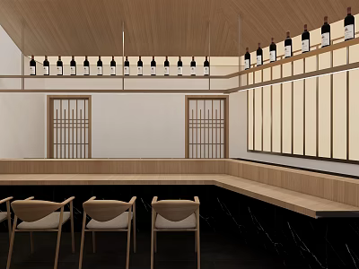 Japanese Restaurant Interior With Wooden Ceiling Hanging Wine Bottles Japanese Partitions And Bar Counter 3d model