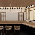 Japanese Restaurant Interior With Wooden Ceiling Hanging Wine Bottles Japanese Partitions And Bar Counter