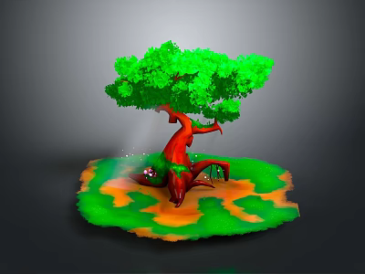 Vibrant Green Leaf Tree With Unique Red Trunk On Green Grass And Orange Soil 3d model