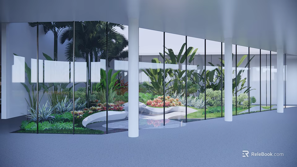 Indoor Garden Landscape View Through Large Glass Windows With Palm Trees And Colorful Plants 3d model 