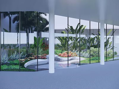 Indoor Garden Landscape View Through Large Glass Windows With Palm Trees And Colorful Plants 3d model