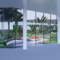 Indoor Garden Landscape View Through Large Glass Windows With Palm Trees And Colorful Plants