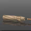 Beige Folded Umbrella With Wooden Handle On Smooth Black Surface and Reflection