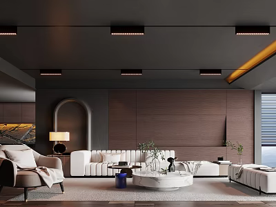 Modern Living Room Interior With Black Ceiling Strip Lights Wooden Panels And White Sofa 3d model