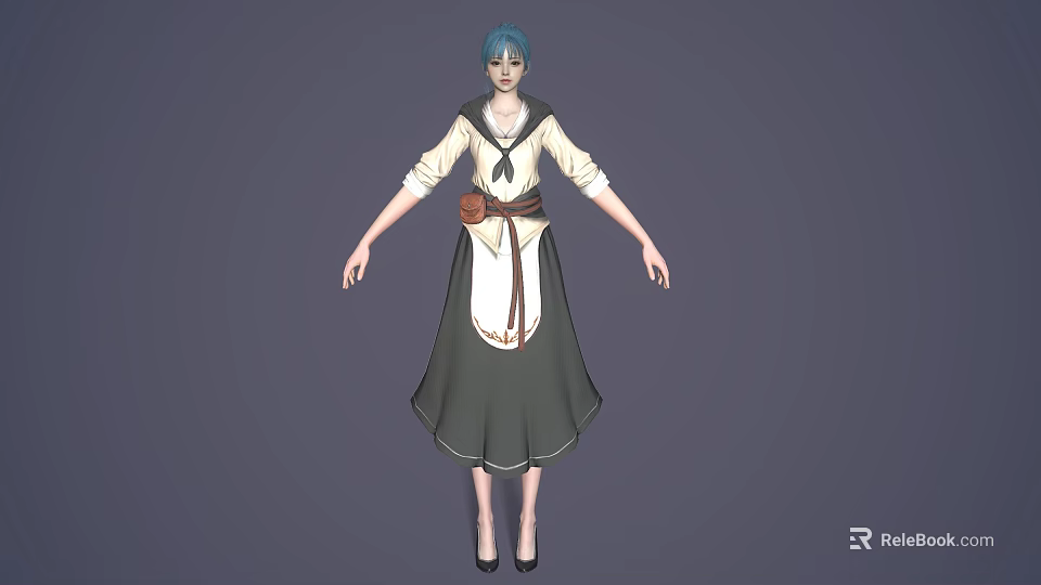 Game Movie Character With Blue Hair White Top Black Skirt And Brown Belt 3d model 
