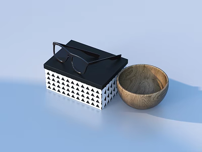 Stylish Everyday Living Essentials With Black And White Patterned Box Glasses And Wooden Bowl 3d model