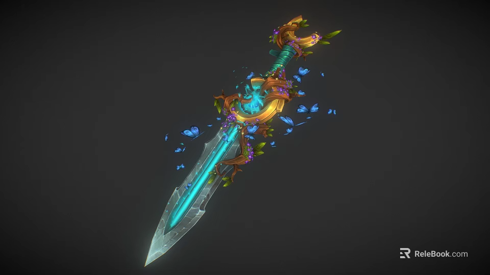 Magical Fantasy Sword With Blue Transparent Blade Gold Green Decorations And Blue Particles 3d model 