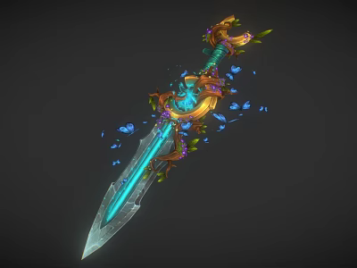 Magical Fantasy Sword With Blue Transparent Blade Gold Green Decorations And Blue Particles 3d model