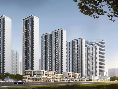Modern Commercial Street With High Rise Buildings Retail Shops And Urban Greenery 3d model
