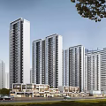 Modern Commercial Street With High Rise Buildings Retail Shops And Urban Greenery