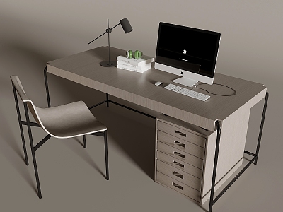 Desk and Chair Combination Drawer Desk Apple Desktop Computer Desk Lamp Books 3d model