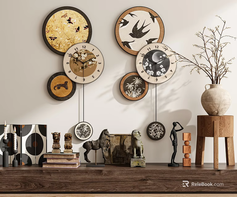 Decorative Circular Wall Clocks With Swallow Patterns And Shelf Decorations 3d model
