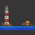 Model Lighthouse and Dock House Building on Sandy Shore with Palm Trees Umbrellas and Blue Water