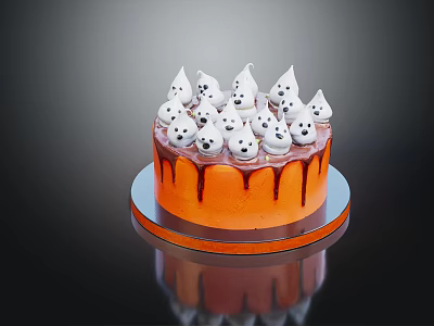 Halloween Themed Orange Cake With Chocolate Drizzle And White Ghost Toppings 3d model