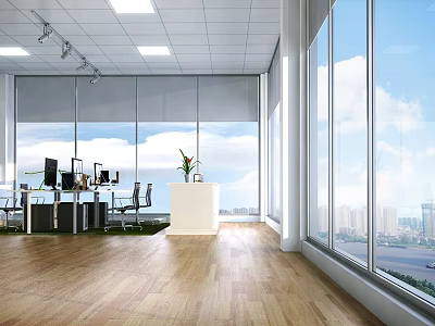 Modern Public Office Space With Large Windows Natural Light Wooden Flooring And Workstations 3d model