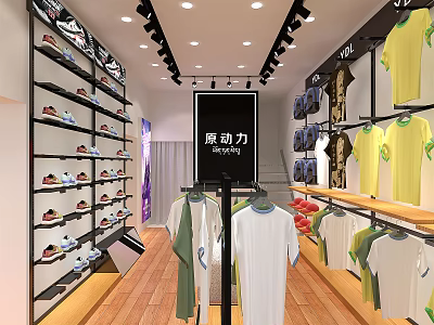 Fashion Clothing Store With White Green Yellow T Shirts And Shoes On Display Racks 3d model