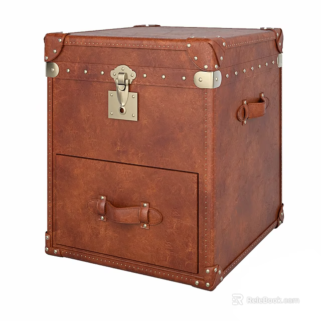 Vintage Brown Leather Nightstand With Metal Rivets And Single Drawer Design 3d model 